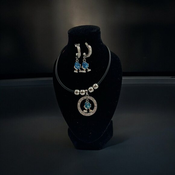 Silver M & M Pendant On A Silver Necklace Chain With Earrings Blue M&M Cartoon - Picture 3 of 7